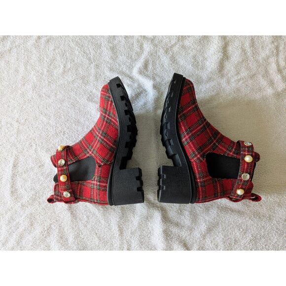 Sugar Favorite 4 plaid combat/ankle rhinestone/pearl strap boot Sz 8M - Picture 10 of 10